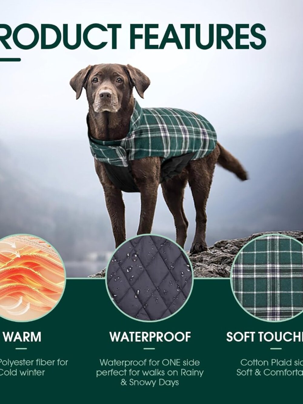 Waterproof Dog Coat, Reversible Dog Jacket for Large Dogs, Green L | Adjustable - Picture 3 of 7